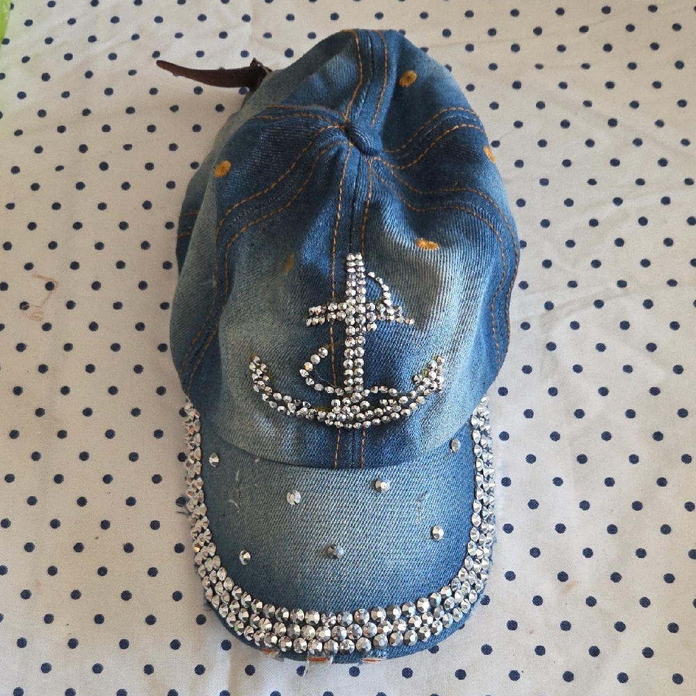 Rhinestone Anchor Denim Cap